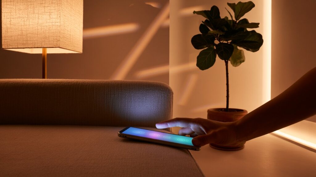 Automated smart light bulbs changing colors through phone app.