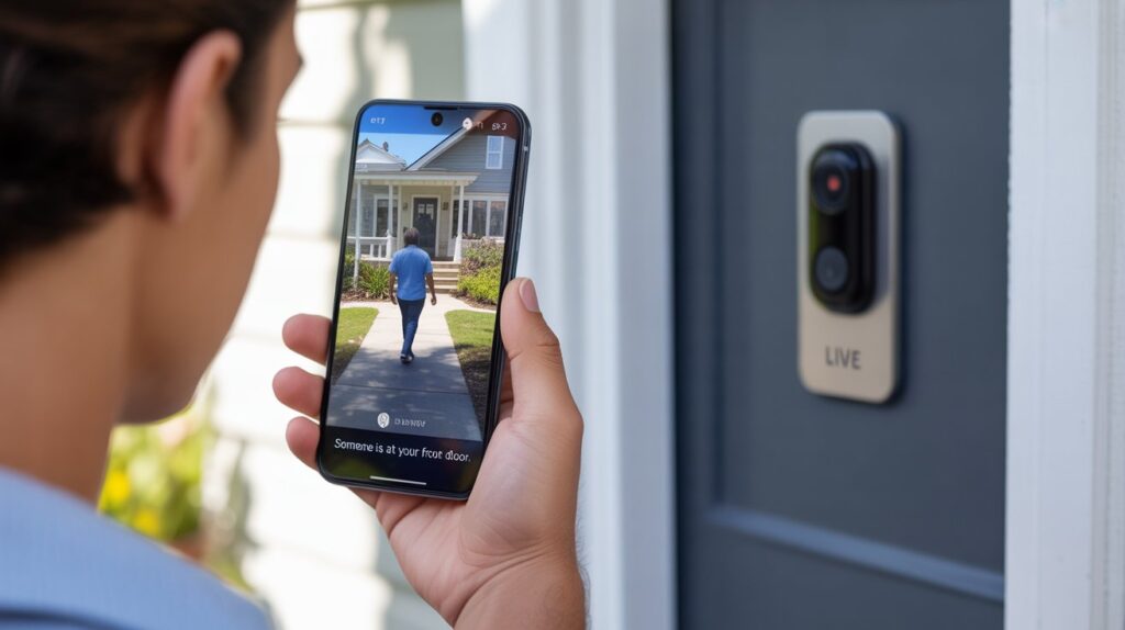 Smart video doorbell sending alert to smartphone.