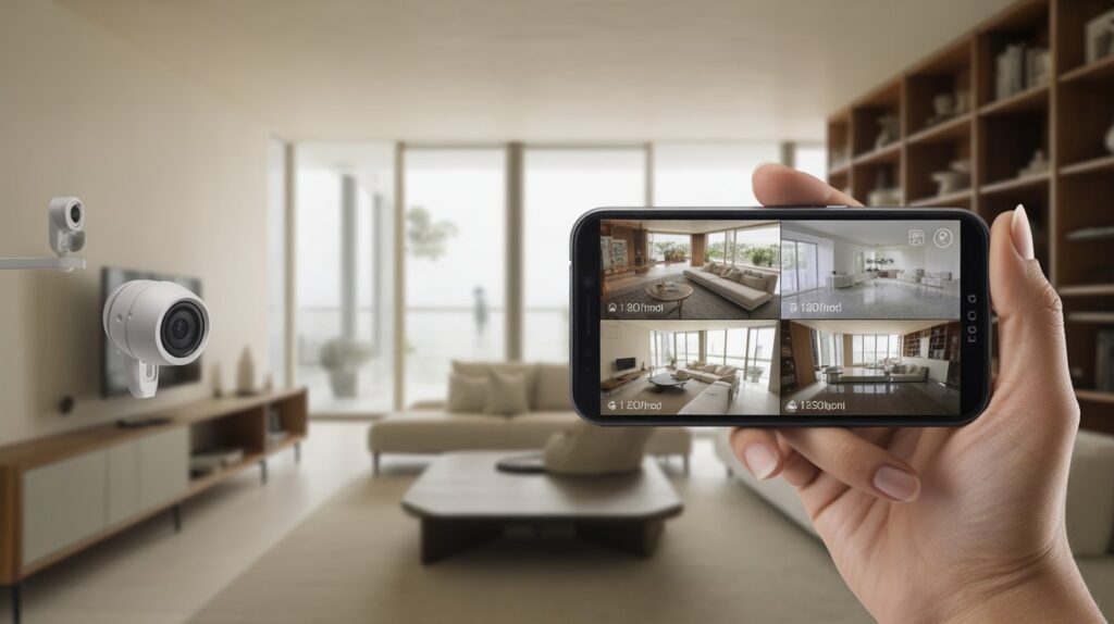 Connected home security cameras streaming live to smartphone.