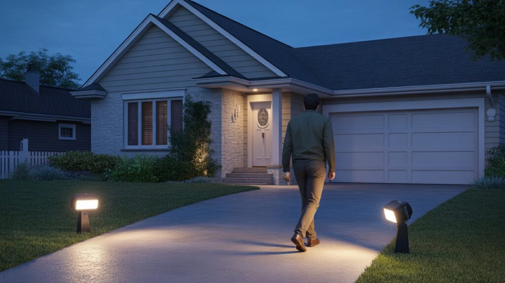 Motion-activated outdoor lights illuminating home entrance.
